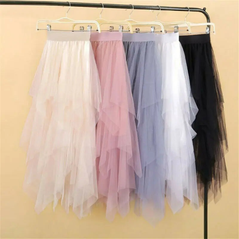 Newest Hot Women's Tulle Skirt Elastic High Waist Underskirt Ballet Irregular Pleated Maxi Skirt Sheer Tutu Tulle Skirts