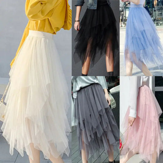 Newest Hot Women's Tulle Skirt Elastic High Waist Underskirt Ballet Irregular Pleated Maxi Skirt Sheer Tutu Tulle Skirts