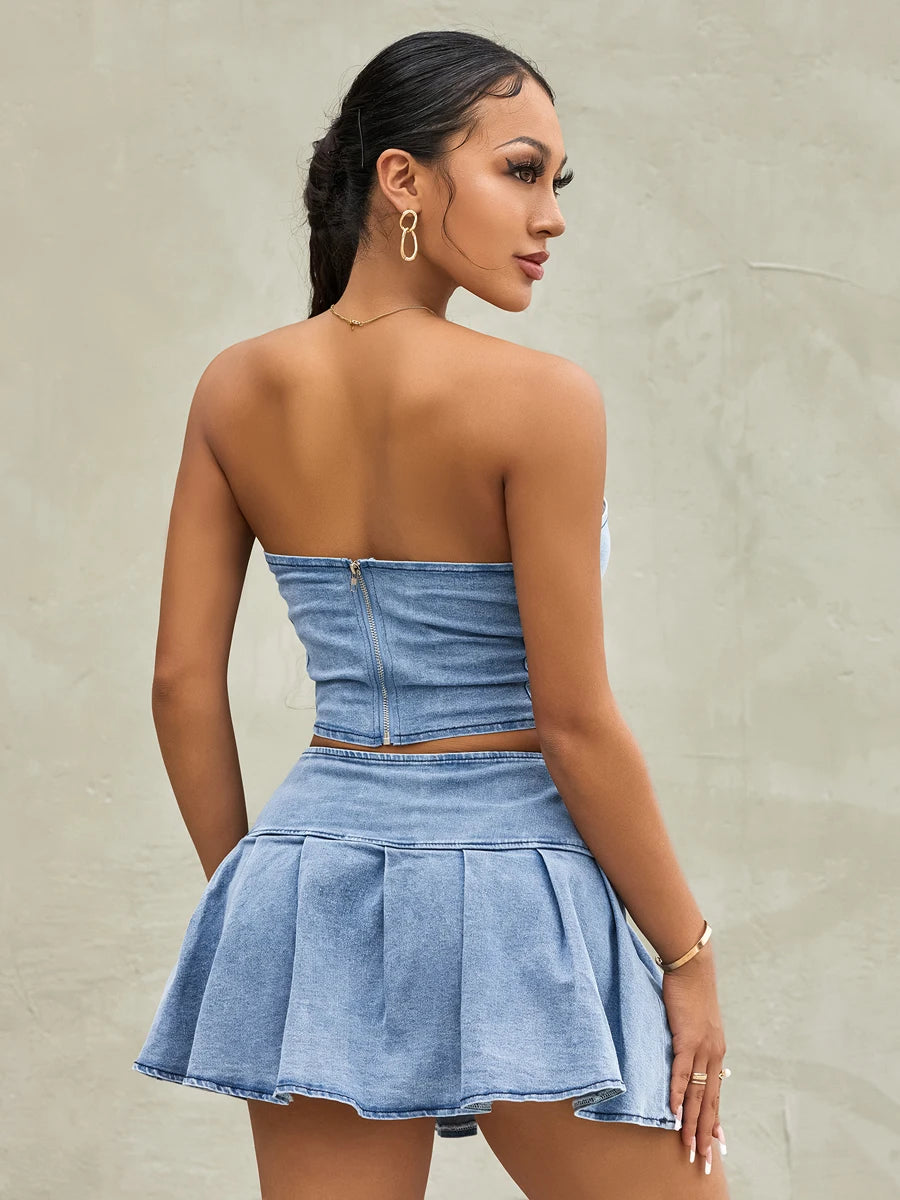 wsevypo Retro Blue Denim Two-Piece Skirt Suits Summer Off-Shoulder Bandeau Corset Crop Tops+High Waist Mini Pleated Skirts Sets