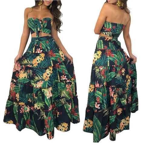 Women print ruffles crop top women tops long skirt 2 piece set for female women summer beach two pieces sets skirts women sets