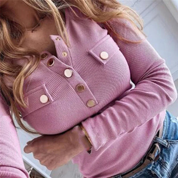 Knitted Sweater O Neck Pullover Long Sleeve T shirt Loose Leisure Elegant Button Tops