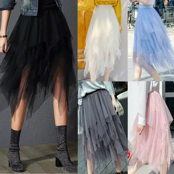 Newest Hot Women's Tulle Skirt Elastic High Waist Underskirt Ballet Irregular Pleated Maxi Skirt Sheer Tutu Tulle Skirts