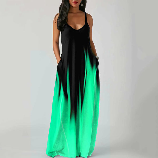 Sexy Spaghetti Strap Gradient Long Maxi Casual Sleeveless Loose Pocket Sundress