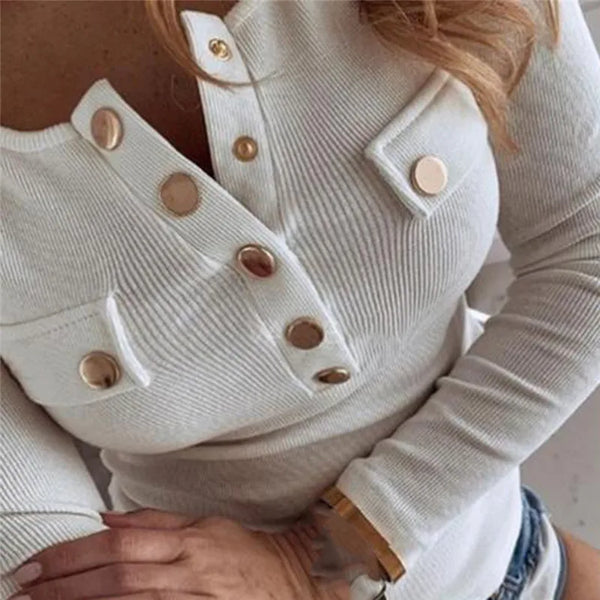 Knitted Sweater O Neck Pullover Long Sleeve T shirt Loose Leisure Elegant Button Tops