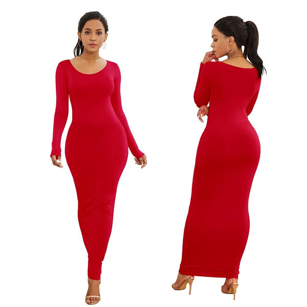 Sexy Women Solid Color Long Sleeve Round Neck Bodycon Maxi Dress evening party dress sexy comfortable