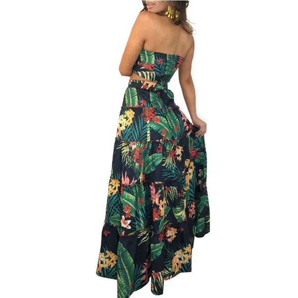 Women print ruffles crop top women tops long skirt 2 piece set for female women summer beach two pieces sets skirts women sets