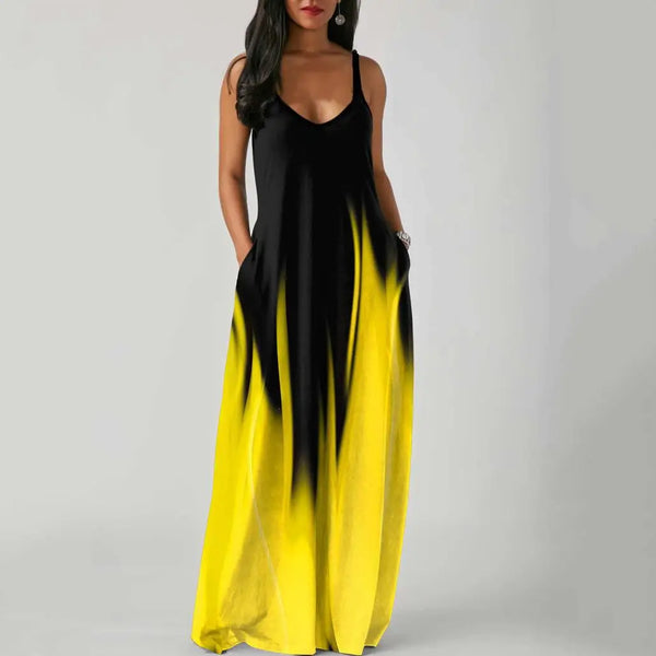 Sexy Spaghetti Strap Gradient Long Maxi Casual Sleeveless Loose Pocket Sundress