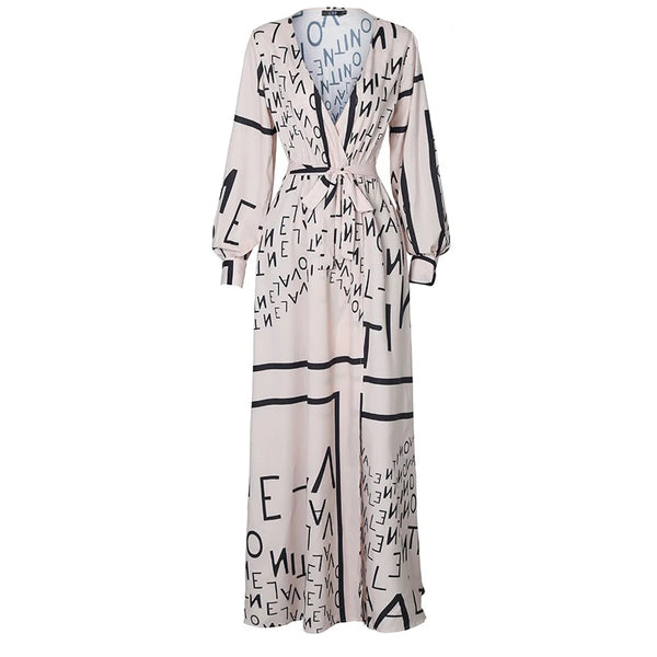 Sexy Women Long Maxi V-neck Lantern Long Sleeves Letter Print Beach Split Style Dress