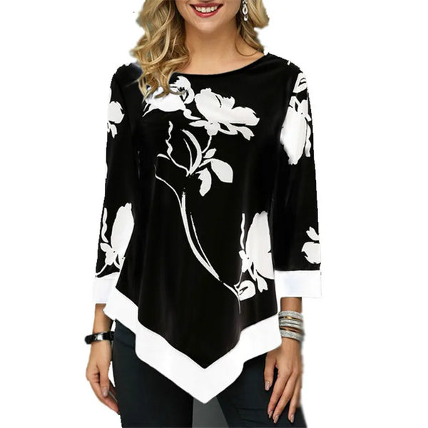 Oversized T Shirt Casual Irregular O-Neck Lace Splice Floral Printing Tee Shirt Women's Top Pullover Clothing