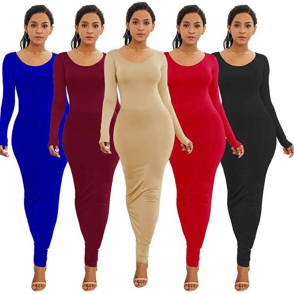 Hot Apparel Dresses Summer Spring Autumn Sexy Women Solid Color Long Sleeve Round Neck Bodycon Maxi Dress