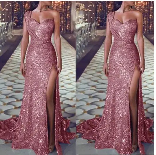 Bronzing Floor Maxi Dress Women Fashion Single Spaghetti Straps Evening Party Split Dress