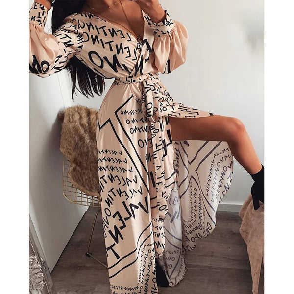 Sexy Women Long Maxi V-neck Lantern Long Sleeves Letter Print Beach Split Style Dress