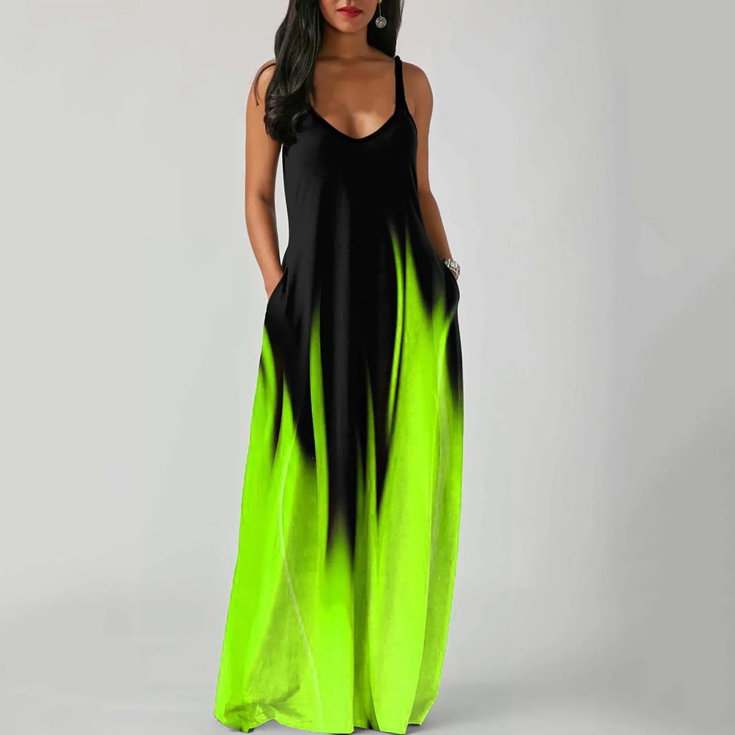 Sexy Spaghetti Strap Gradient Long Maxi Casual Sleeveless Loose Pocket Sundress