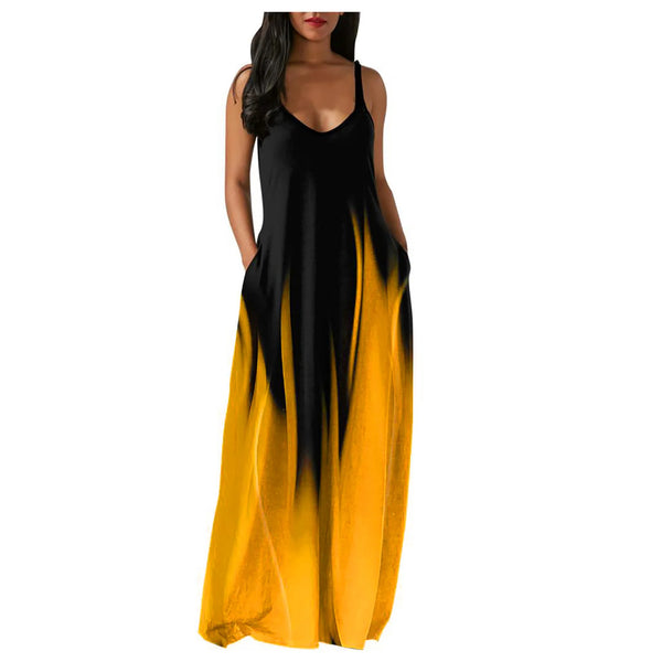 Sexy Spaghetti Strap Gradient Long Maxi Casual Sleeveless Loose Pocket Sundress