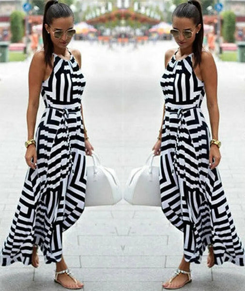 Women's Sexy Zebra Pattern Printing Dress Summer Boho Casual Sleeveless Long Maxi Evening Party Beach Dress Sundress