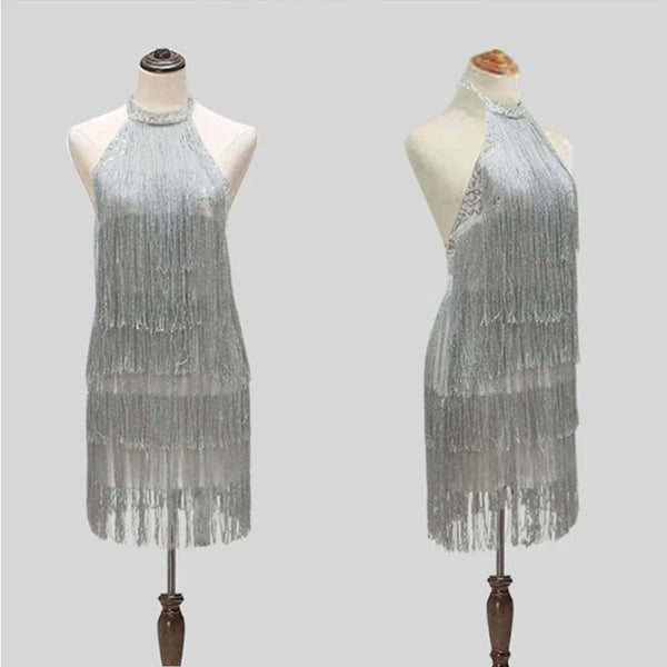 Women 1920s Vintage Great Gatsby Tassel Sequin Sexy Halter Party  Silver Fringe Dress