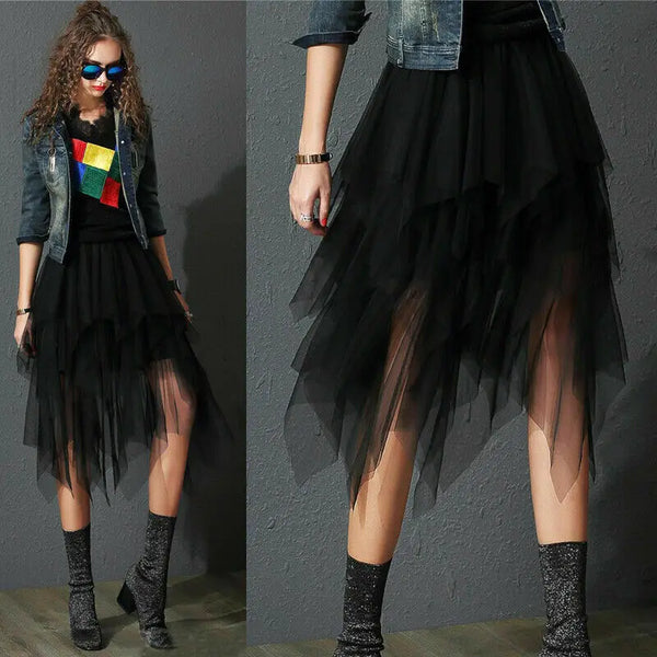 Newest Hot Women's Tulle Skirt Elastic High Waist Underskirt Ballet Irregular Pleated Maxi Skirt Sheer Tutu Tulle Skirts