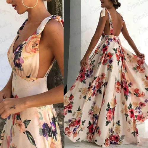 Newly V Neck Sundress Sexy Long Backless Evening Party Printed Travel Beach Dress