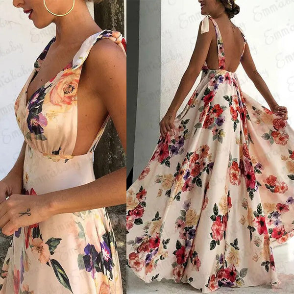 Fashion Summer Women Boho Long Maxi Dress Backless Sleeveless V Neck Flower Dress Evening Party Beach Dresses Sundress