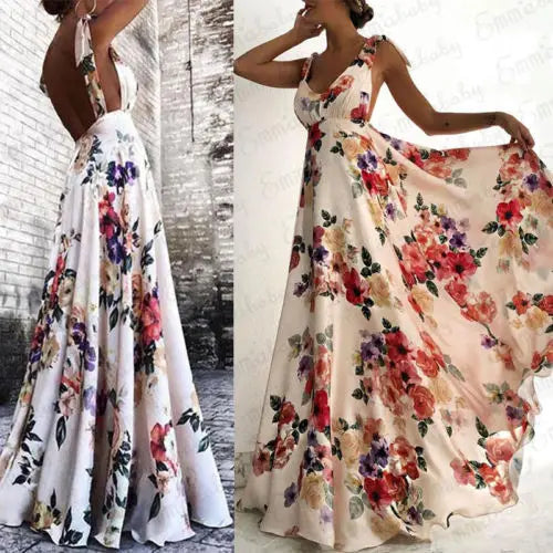 Newly V Neck Sundress Sexy Long Backless Evening Party Printed Travel Beach Dress