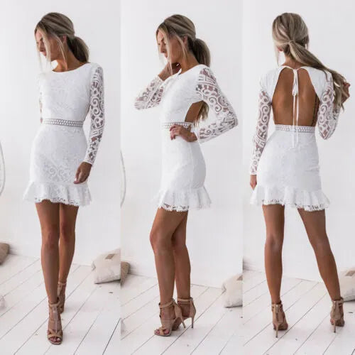 Women Sexy Long Sleeves Evening Party Short Mini White Dress Bodycon Backless Dress Plus Size