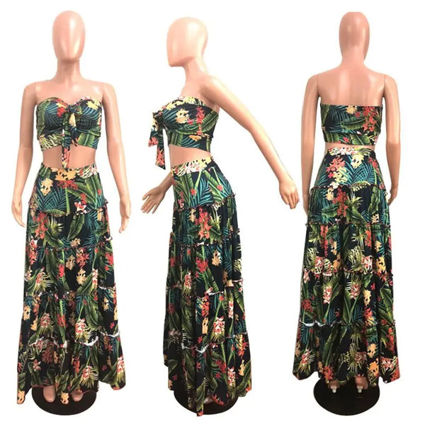 Women print ruffles crop top women tops long skirt 2 piece set for female women summer beach two pieces sets skirts women sets