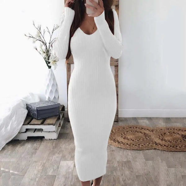 Hot Sale ！ Christmas Casual Dresses for Women 2021 Sexy Women Long Sleeve V Neck Backless Ribbed Bodycon Slim Knitted Midi Dress