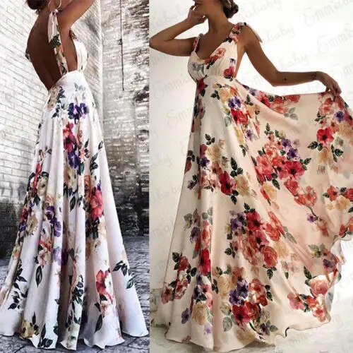 Fashion Summer Women Boho Long Maxi Dress Backless Sleeveless V Neck Flower Dress Evening Party Beach Dresses Sundress