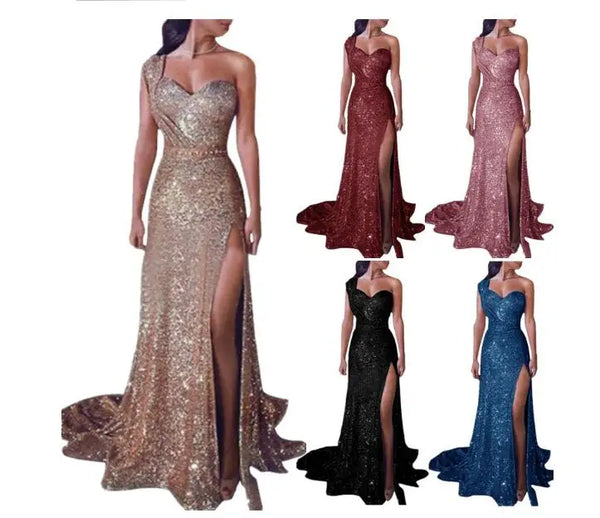 Bronzing Floor Maxi Dress Women Fashion Single Spaghetti Straps Evening Party Split Dress