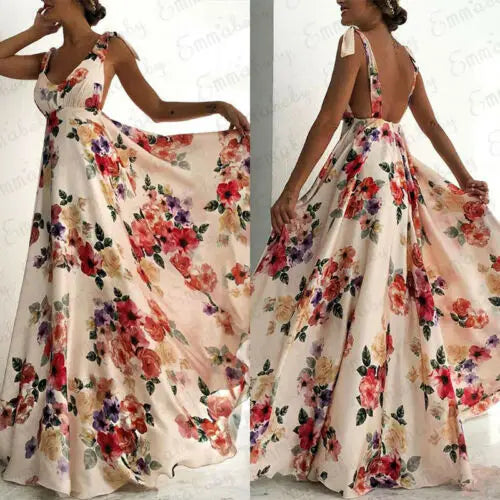 Newly V Neck Sundress Sexy Long Backless Evening Party Printed Travel Beach Dress