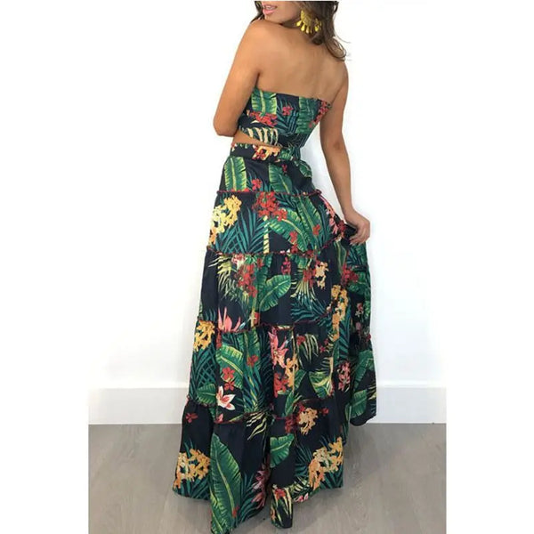 Women print ruffles crop top women tops long skirt 2 piece set for female women summer beach two pieces sets skirts women sets