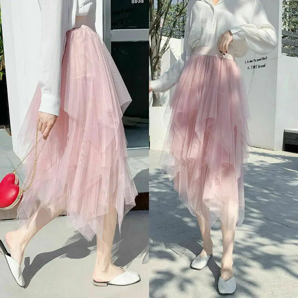 Newest Hot Women's Tulle Skirt Elastic High Waist Underskirt Ballet Irregular Pleated Maxi Skirt Sheer Tutu Tulle Skirts