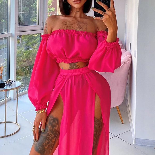 Women Beach 2pcs Bikini Cover-Ups Off Shoulder Top+ High Waist Dress