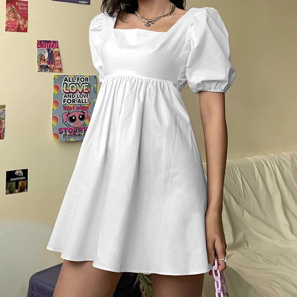 Fashion Summer Women Sexy Short Puff Sleeve Backless Dress Solid Color Holiday Unique Loose Bandage Mini Casual Dress
