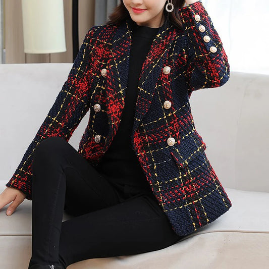 New Fashion Runway Designer Blazer Women's Lion Metal Buttons Plaid Colors Tweed Wool Blazer Jacket