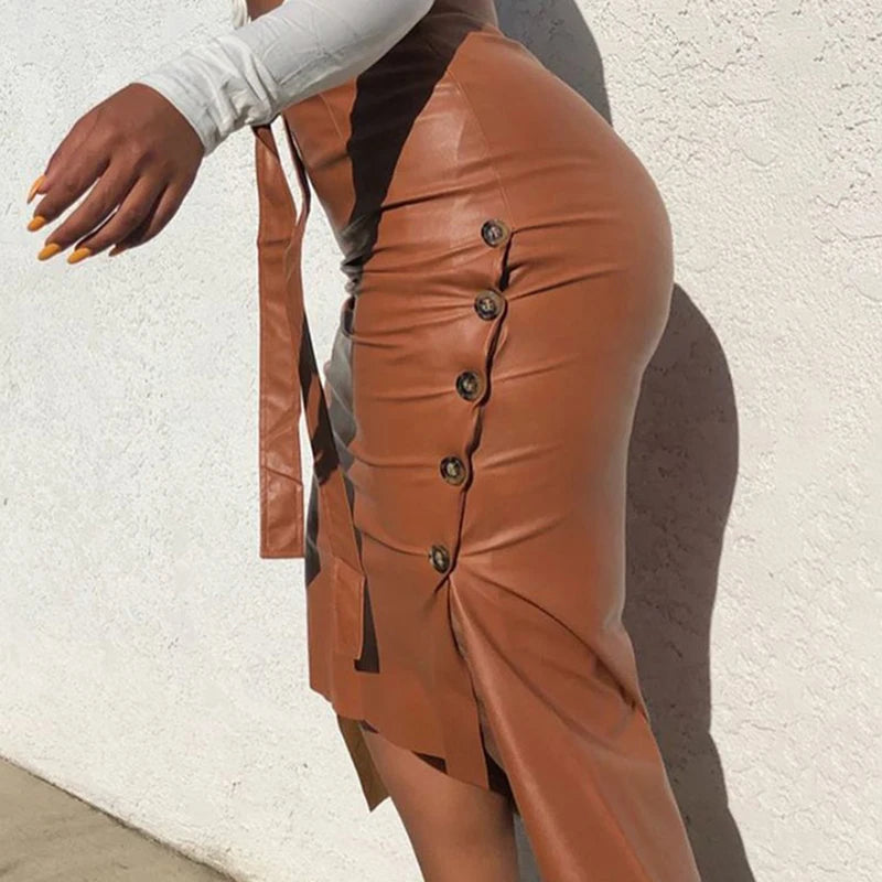 Women Skirt Drawstring High Waist Pleated Asymmetrical Outfits Elegant Ladies Solid Bag Hip Clothing PU Leather