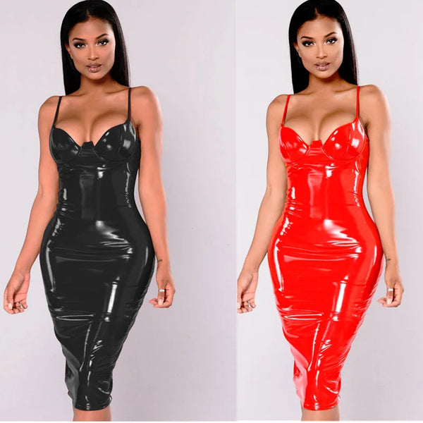 Sexy Winter PVC Wet Look Leather Red Black Knee Length Zipper Black Club Dress