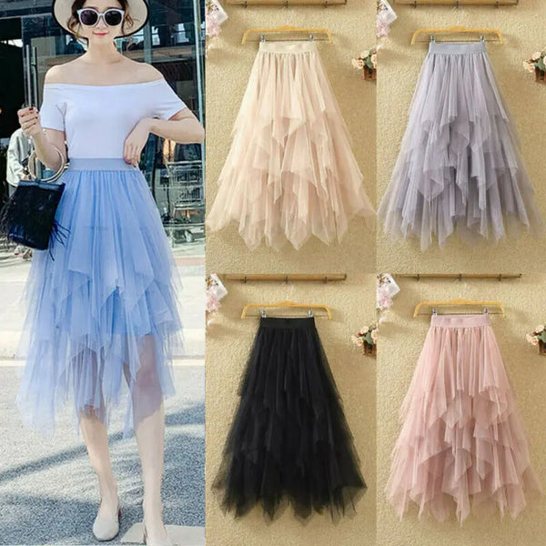 Newest Hot Women's Tulle Skirt Elastic High Waist Underskirt Ballet Irregular Pleated Maxi Skirt Sheer Tutu Tulle Skirts