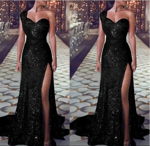 Bronzing Floor Maxi Dress Women Fashion Single Spaghetti Straps Evening Party Split Dress