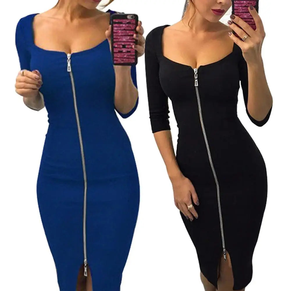 Newest Sexy Solid Color Zip Up V Neck Elbow Sleeve Bodycon Stretchy Party Christmas Elegant Dress