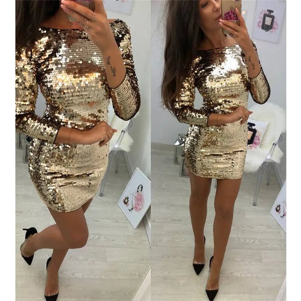 Ladies Formal Evening Party Sexy Sequin Club Short Dresses Sexy Vestidos Autumn  Dresses Women Golden Sequins Bodycon Dress