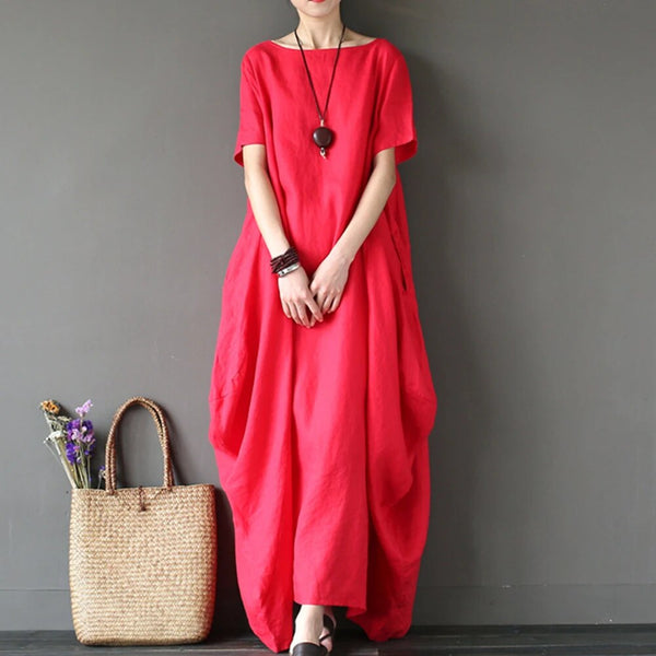 Elegant Plus Size Maxi Dresses For Women Solid Cotton Linen O Neck Longs Sleeve Dress Female Clothes Vestidos Vintage Sukienki