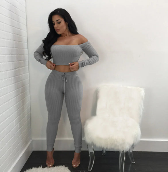 Women long sleeve crop top full pants 2 piece set for female women off shoulder two pieces sets women two piece set S M L XL XXL