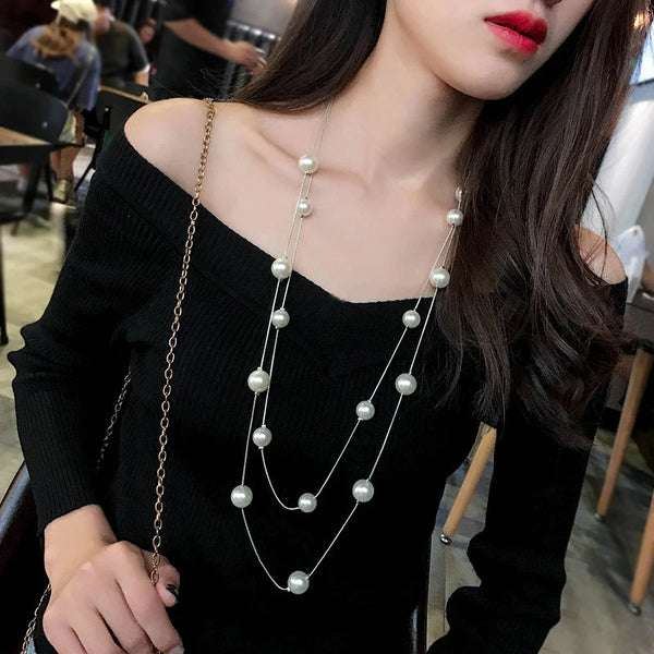 New Long Double Layer Simulated Pearl Necklace Women Sweater Chain  Female Statement Jewelery