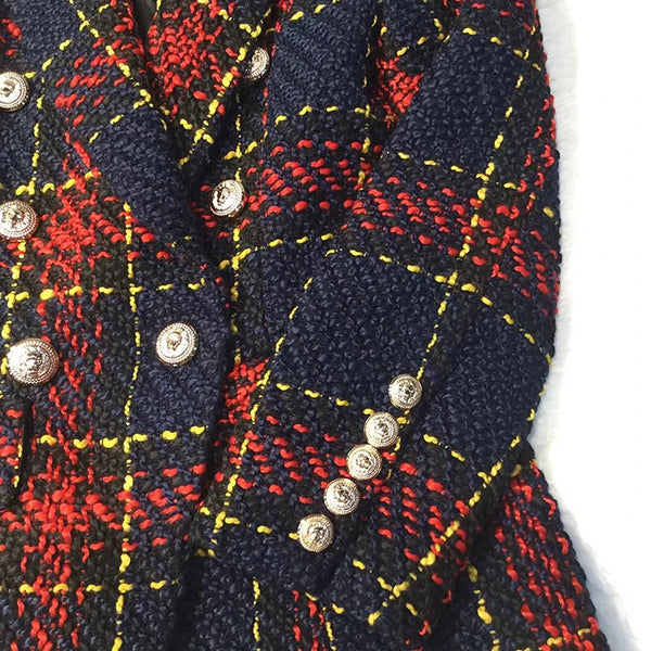 New Fashion Runway Designer Blazer Women's Lion Metal Buttons Plaid Colors Tweed Wool Blazer Jacket