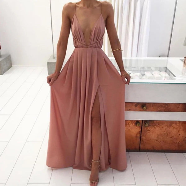 Maxi Solid Color Sexy Deep V-Neck Sleeveless Spaghetti Strap Backless High Split Long Sundress