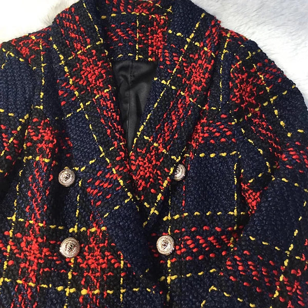 New Fashion Runway Designer Blazer Women's Lion Metal Buttons Plaid Colors Tweed Wool Blazer Jacket