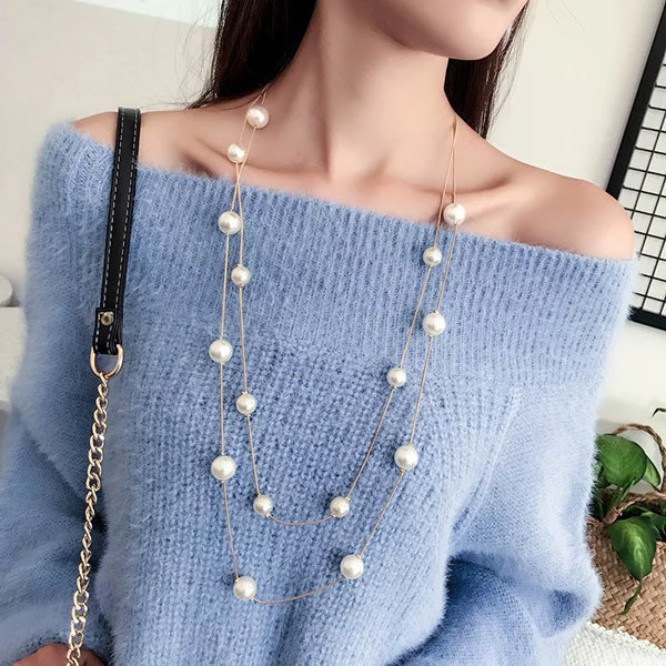 New Long Double Layer Simulated Pearl Necklace Women Sweater Chain  Female Statement Jewelery