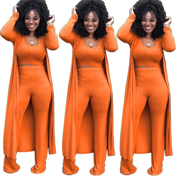 Women knitted long sleeve cardigan coat loose wide leg pants crop top 3 piece set for female women autumn winter women's suits