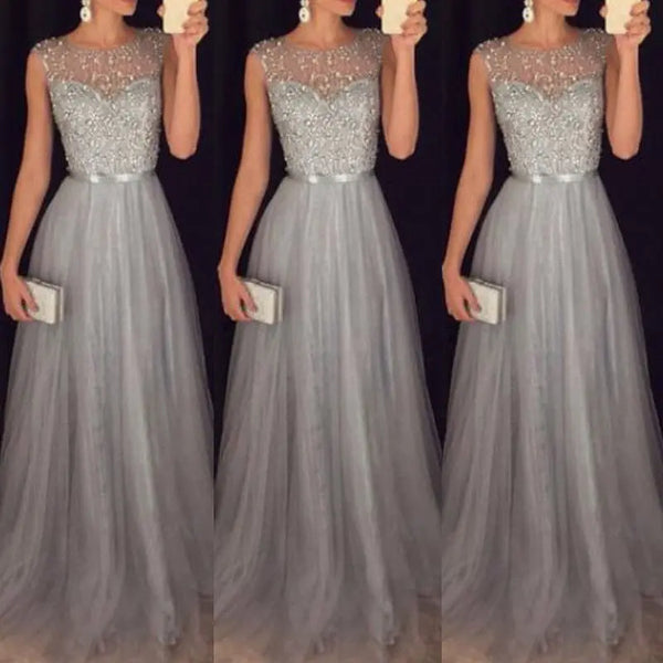 Summer Long Maxi Formal Lace Party Women Elegant O-neck Sequined Bridesmaid Prom Wedding Long Dress